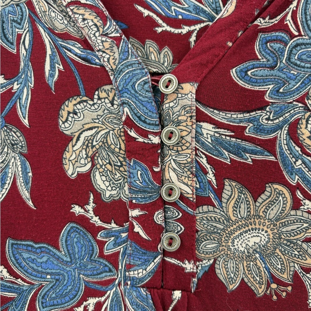 Lucky Brand Burgundy Boho Floral Paisley Peasant Henley Top | Small - Picture 5 of 8